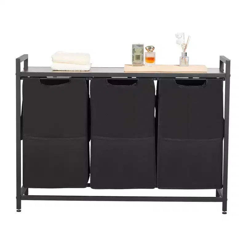 VEVOR 3 Section Laundry Sorter, Large Laundry Hamper with Metal Frame and Wooden Tabletop, Freestanding Storage Organizer Baskets, Black