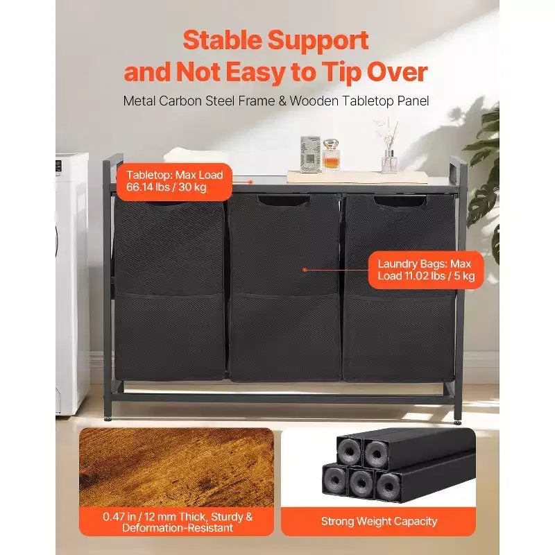 Trieur de linge à 3 sections, grand panier à linge avec cadre en métal et plateau en bois, paniers de rangement autoportants, noir
