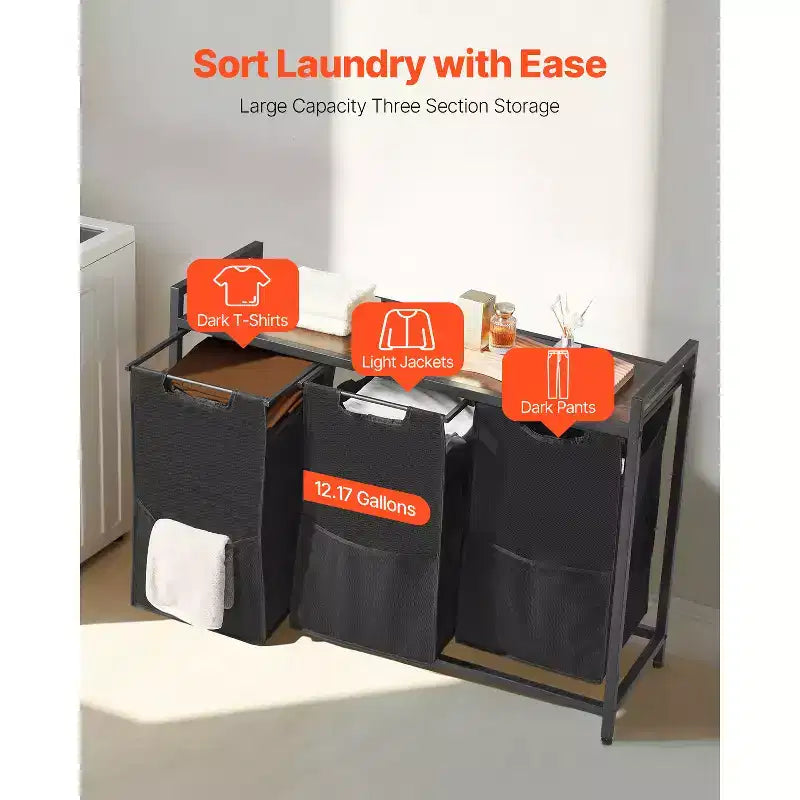 Trieur de linge à 3 sections, grand panier à linge avec cadre en métal et plateau en bois, paniers de rangement autoportants, noir