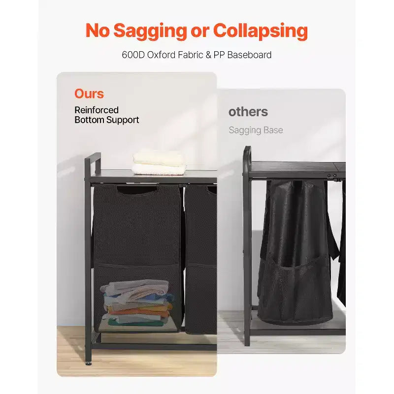 Trieur de linge à 3 sections, grand panier à linge avec cadre en métal et plateau en bois, paniers de rangement autoportants, noir
