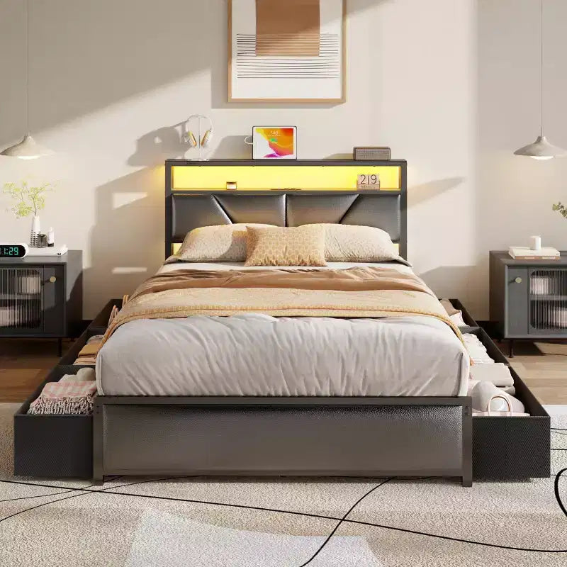 Qwatto Full Size Storage Bed Frame with 6 Drawers Charging Station LED Lights PU Leather Upholstered Headboard Platform Metal No Box Spring Needed