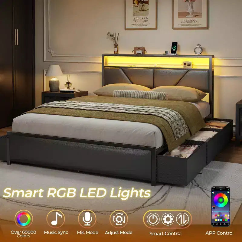 Storage Bed Frame with 6 Drawers Charging Station LED Lights PU Leather Upholstered Headboard Platform Metal No