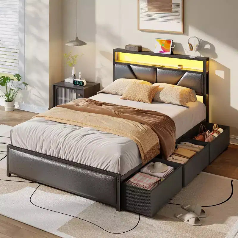 Storage Bed Frame with 6 Drawers Charging Station LED Lights PU Leather Upholstered Headboard Platform Metal No
