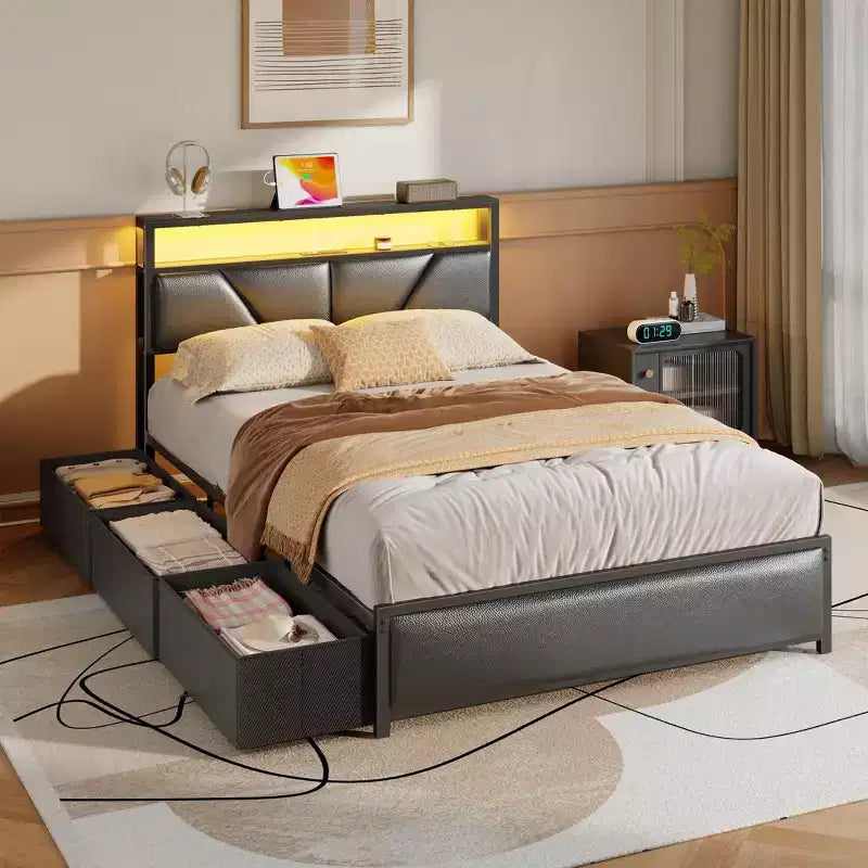Storage Bed Frame with 6 Drawers Charging Station LED Lights PU Leather Upholstered Headboard Platform Metal No