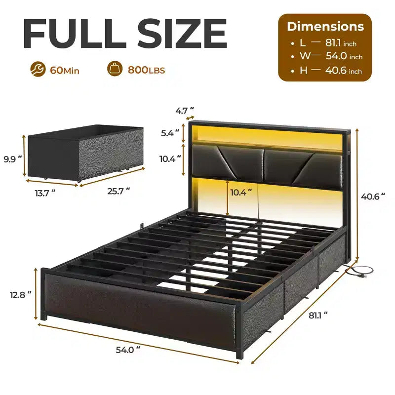Storage Bed Frame with 6 Drawers Charging Station LED Lights PU Leather Upholstered Headboard Platform Metal No