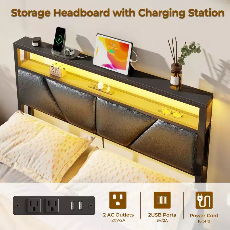 Cadre de lit de rangement avec 6 tiroirs Station de charge Lumières LED Tête de lit rembourrée en cuir PU Plate-forme en métal Non