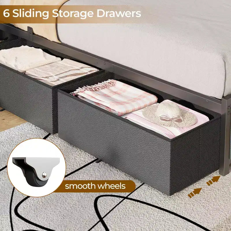 Cadre de lit de rangement avec 6 tiroirs Station de charge Lumières LED Tête de lit rembourrée en cuir PU Plate-forme en métal Non
