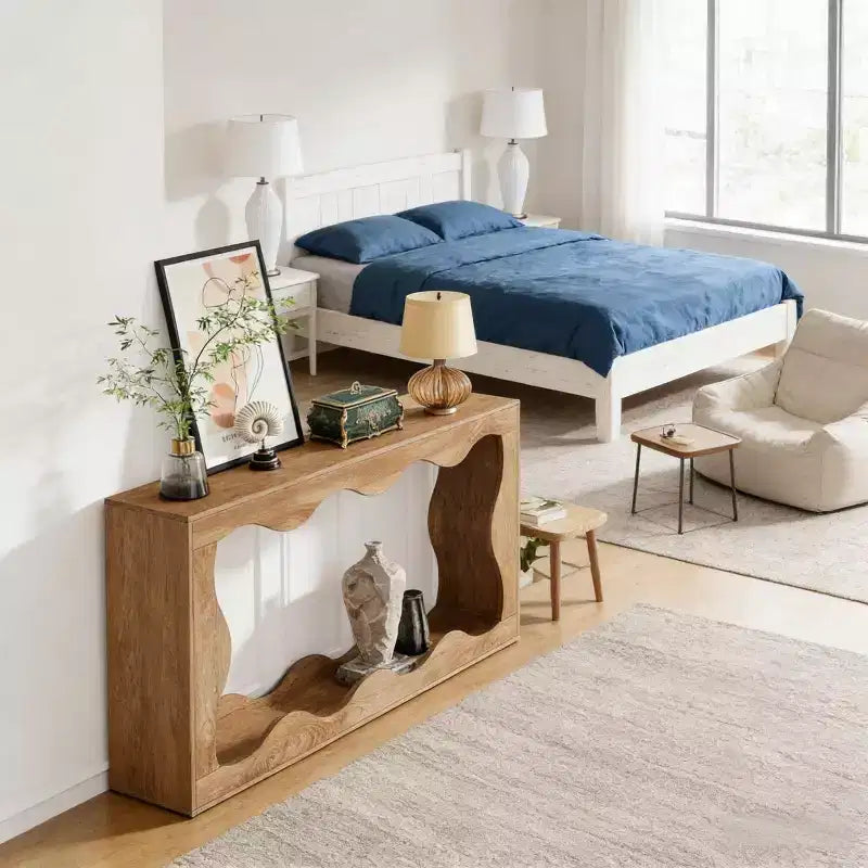 Console moderne de 63 pouces avec motif ondulé, table étroite pour entrée, table de canapé à 2 niveaux pour salon ou