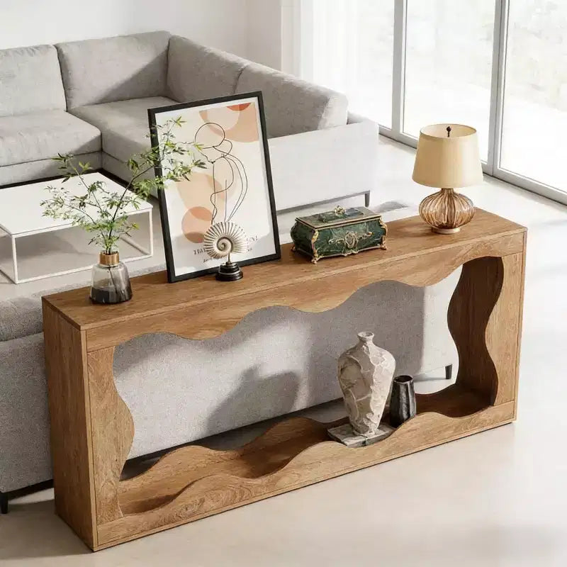 Console moderne de 63 pouces avec motif ondulé, table étroite pour entrée, table de canapé à 2 niveaux pour salon ou