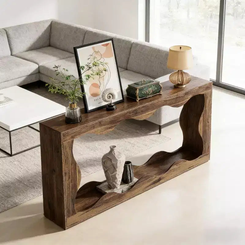 Console moderne de 63 pouces avec motif ondulé, table étroite pour entrée, table de canapé à 2 niveaux pour salon ou