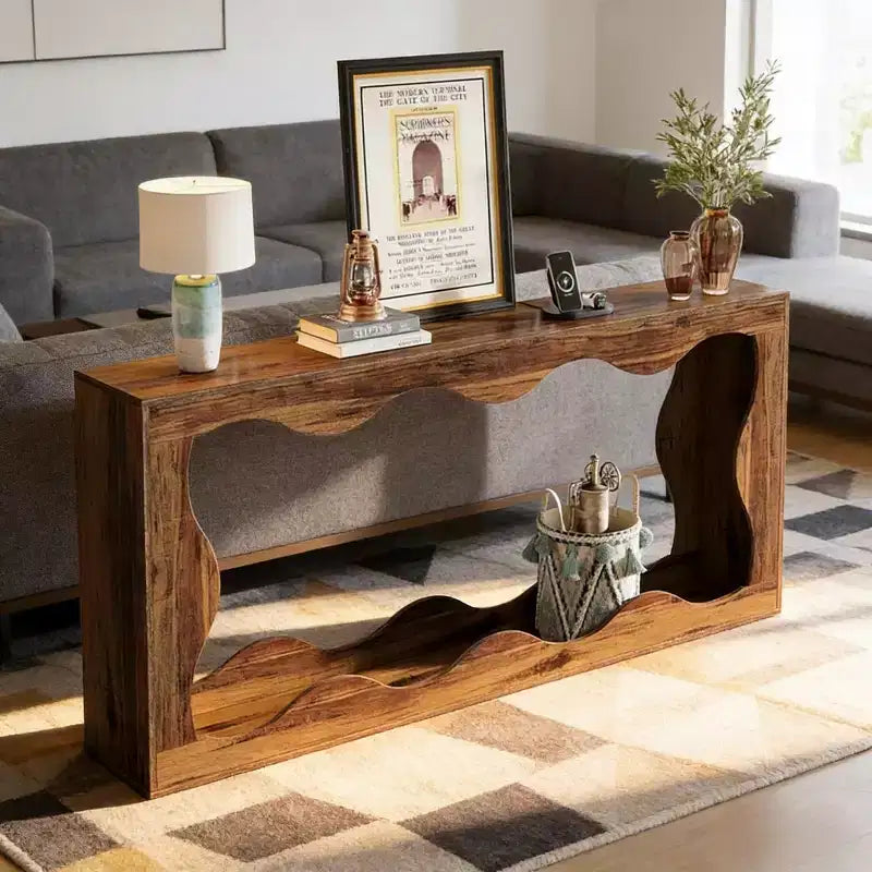 Console moderne de 63 pouces avec motif ondulé, table étroite pour entrée, table de canapé à 2 niveaux pour salon ou