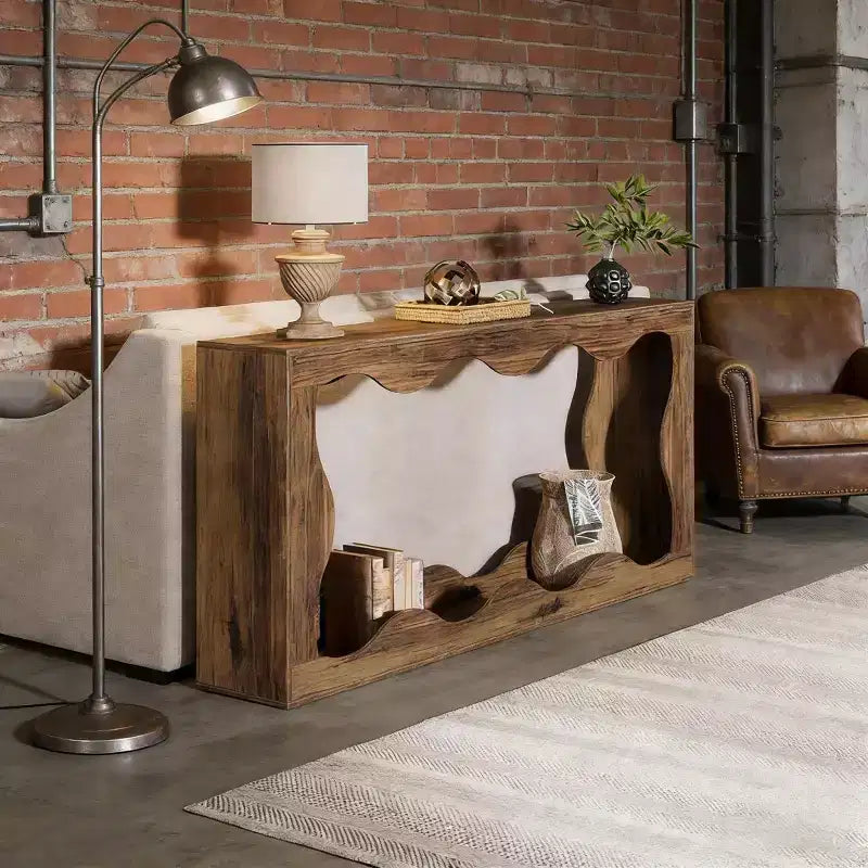 Console moderne de 63 pouces avec motif ondulé, table étroite pour entrée, table de canapé à 2 niveaux pour salon ou