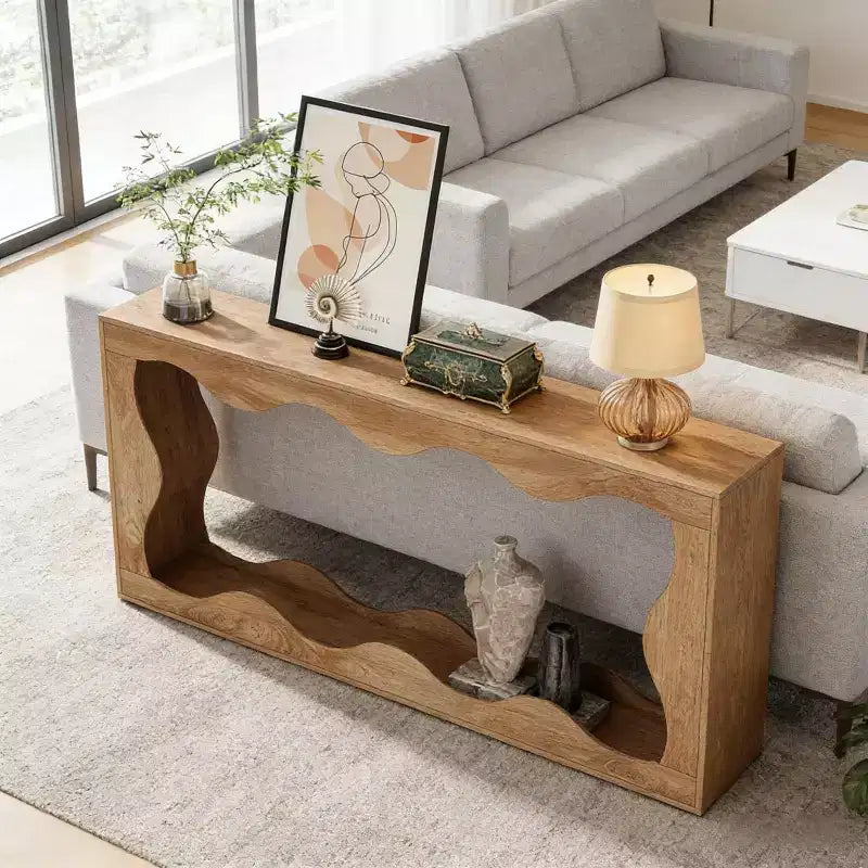 Console moderne de 63 pouces avec motif ondulé, table étroite pour entrée, table de canapé à 2 niveaux pour salon ou