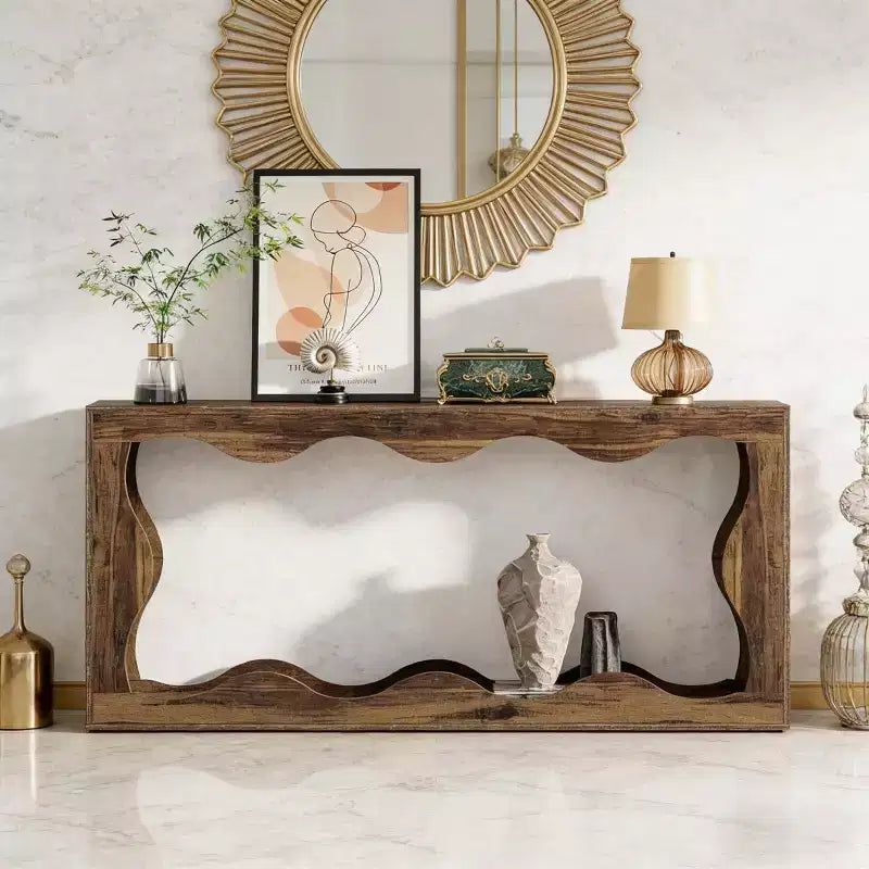 63 Modern Console Table with Wave Design, Narrow Entryway Table, 2-Tier Sofa Table for Living Room or Hallway-Panipeachy