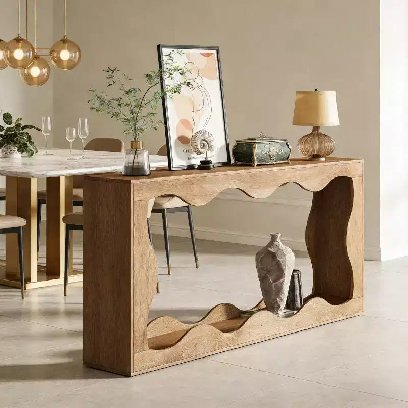 Console moderne de 63 pouces avec motif ondulé, table étroite pour entrée, table de canapé à 2 niveaux pour salon ou