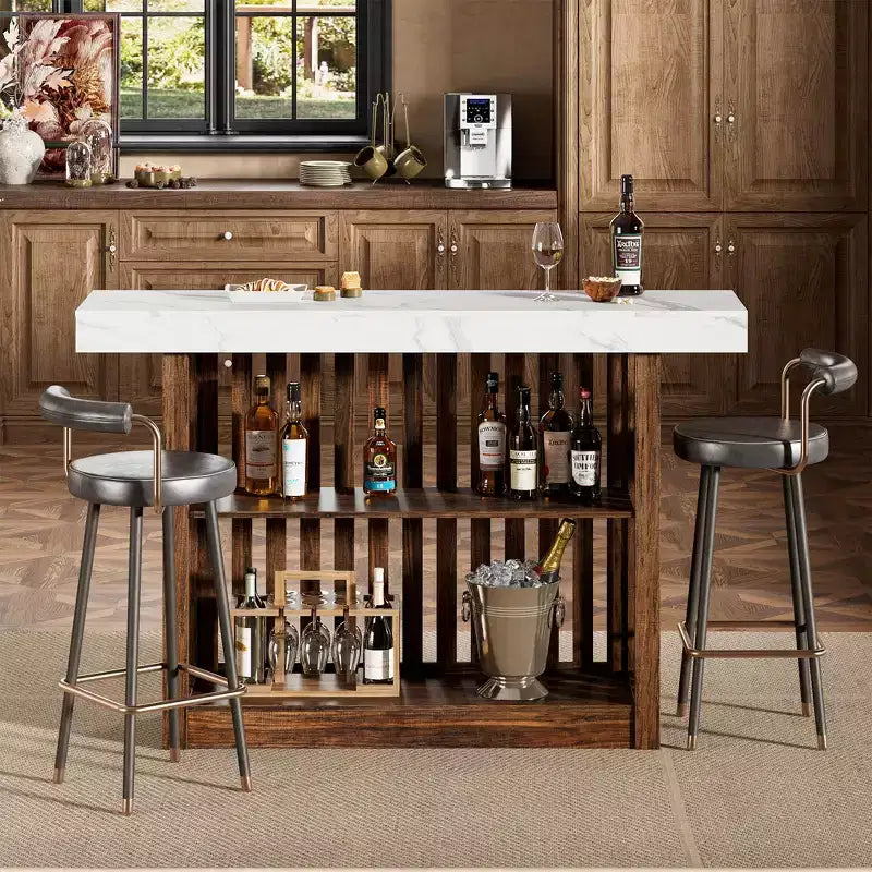 Table de bar haute moderne de 160 cm avec étagères de rangement à 2 niveaux Table à manger robuste pour restaurant, bistrot ou salon, 4-8 places