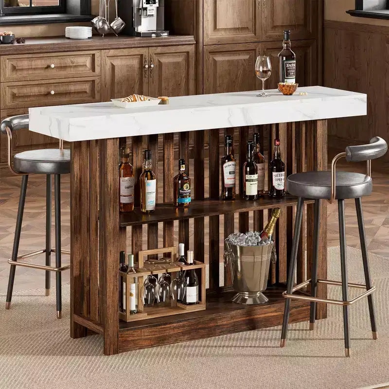 Table de bar haute moderne de 160 cm avec étagères de rangement à 2 niveaux Table à manger robuste pour restaurant, bistrot ou salon, 4-8 places