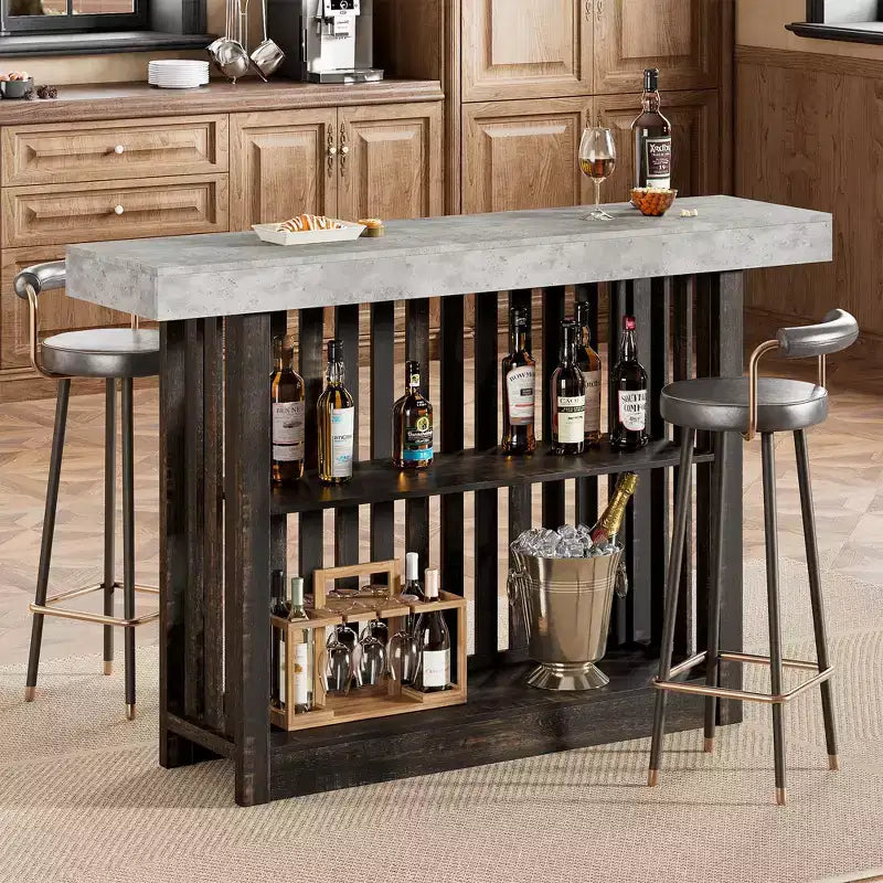 Modern 63 Counter Height Bar Table with 2-Tier Storage Shelves  Sturdy Dining Table for Restaurant, Bistro, or Living Room  Seats 4-8