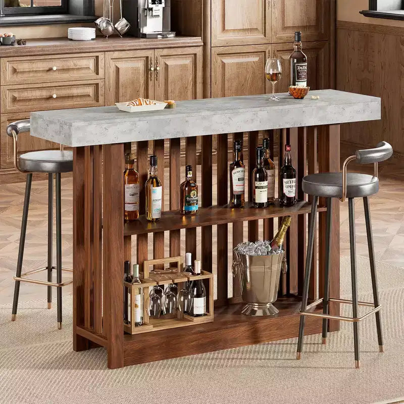 Table de bar haute moderne de 160 cm avec étagères de rangement à 2 niveaux Table à manger robuste pour restaurant, bistrot ou salon, 4-8 places