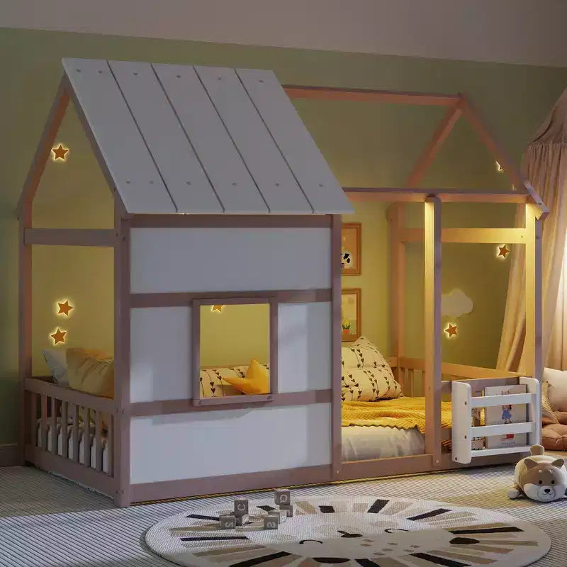 Cadre de lit cabane pour enfant avec toit et barrières de sécurité – Mobilier de chambre ludique