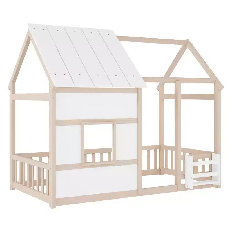 Cadre de lit cabane pour enfant avec toit et barrières de sécurité – Mobilier de chambre ludique