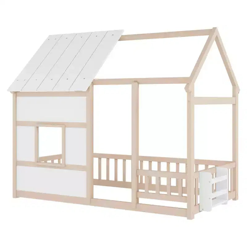 Cadre de lit cabane pour enfant avec toit et barrières de sécurité – Mobilier de chambre ludique