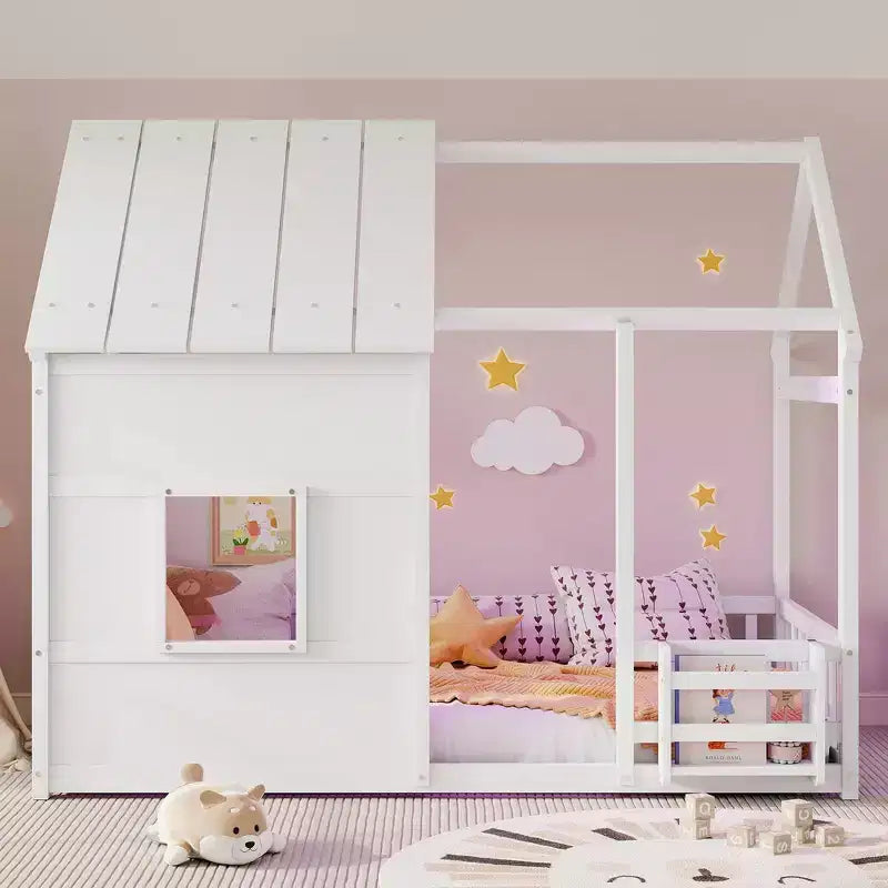 Cadre de lit cabane pour enfant avec toit et barrières de sécurité – Mobilier de chambre ludique