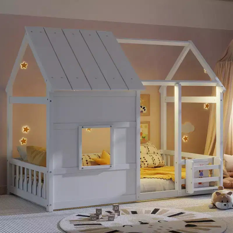 Cadre de lit cabane pour enfant avec toit et barrières de sécurité – Mobilier de chambre ludique