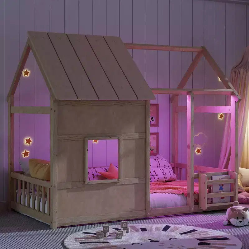 Cadre de lit cabane pour enfant avec toit et barrières de sécurité – Mobilier de chambre ludique
