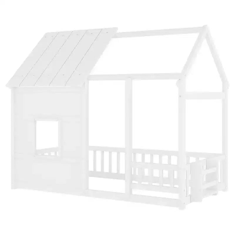 Cadre de lit cabane pour enfant avec toit et barrières de sécurité – Mobilier de chambre ludique