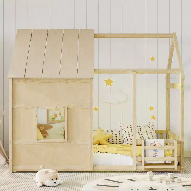 Cadre de lit cabane pour enfant avec toit et barrières de sécurité – Mobilier de chambre ludique