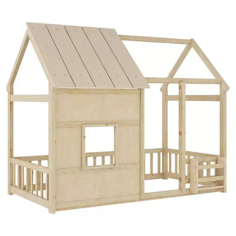 Cadre de lit cabane pour enfant avec toit et barrières de sécurité – Mobilier de chambre ludique