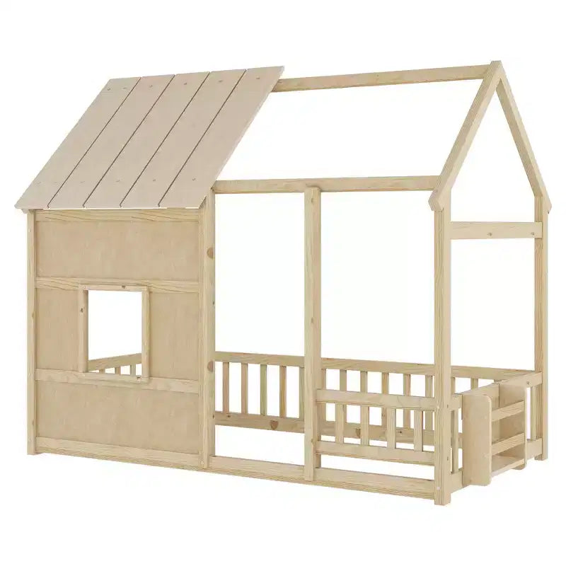 Cadre de lit cabane pour enfant avec toit et barrières de sécurité – Mobilier de chambre ludique