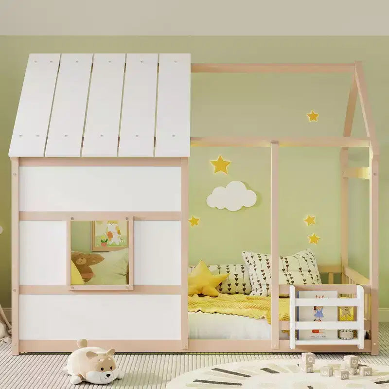 Cadre de lit cabane pour enfant avec toit et barrières de sécurité – Mobilier de chambre ludique