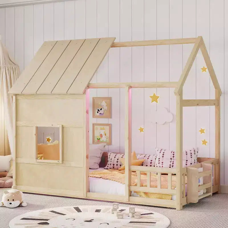 Whisen Twin Size House Floor Bed Frame, House-Shaped Bed with Roof, Fence