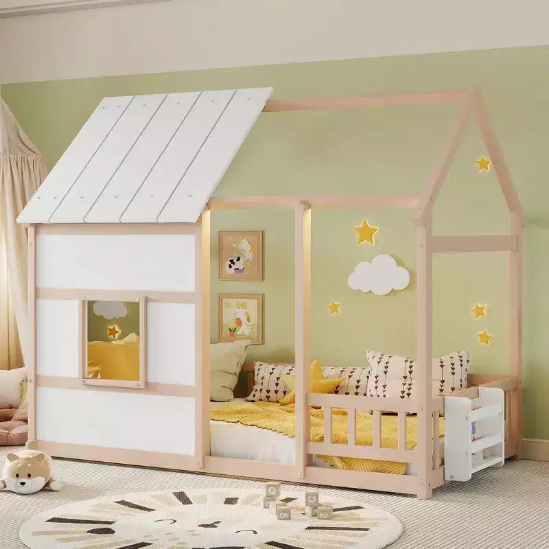 Cadre de lit cabane pour enfant avec toit et barrières de sécurité – Mobilier de chambre ludique