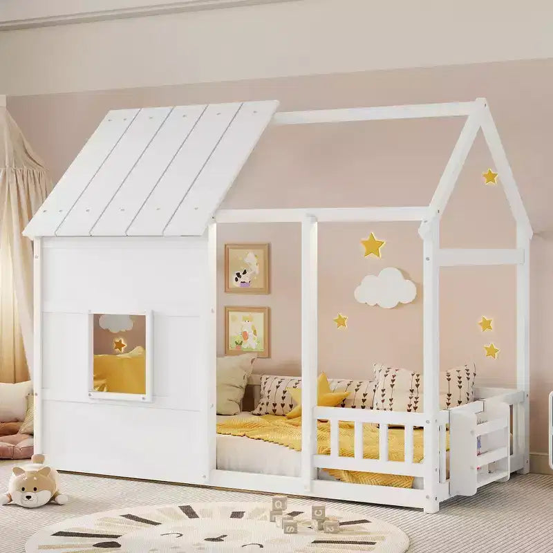 Cadre de lit cabane pour enfant avec toit et barrières de sécurité – Mobilier de chambre ludique