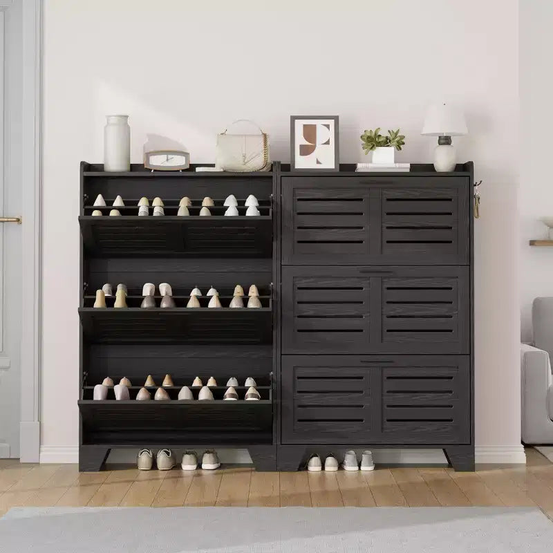 Meuble de rangement avec 3 tiroirs basculants, Organiseur de chaussures autoportant pour entrée avec 2 crochets latéraux, Armoire à chaussures dissimulée étroite et fine
