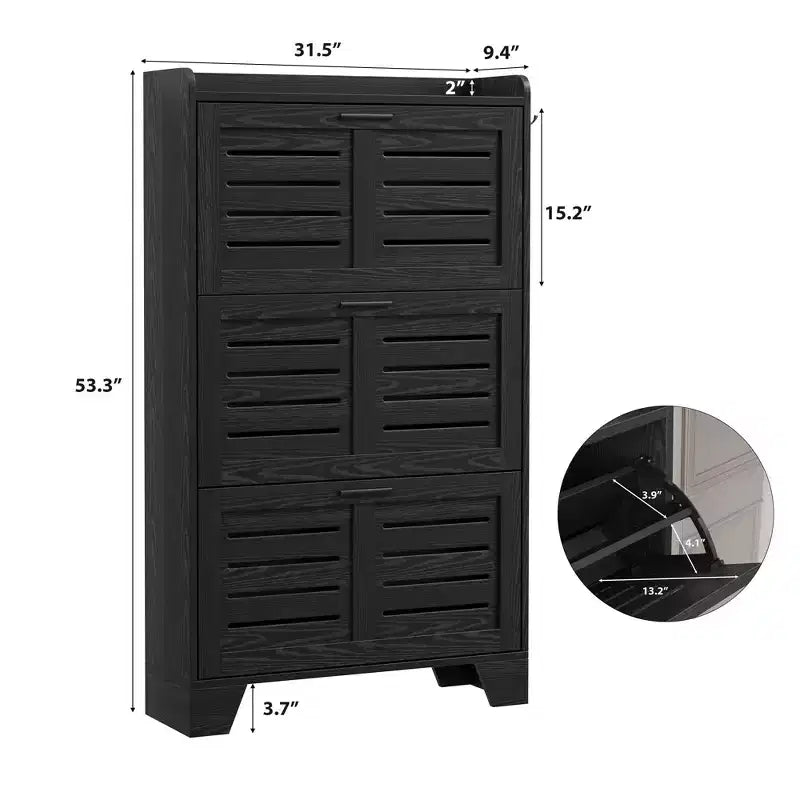 Meuble de rangement avec 3 tiroirs basculants, Organiseur de chaussures autoportant pour entrée avec 2 crochets latéraux, Armoire à chaussures dissimulée étroite et fine