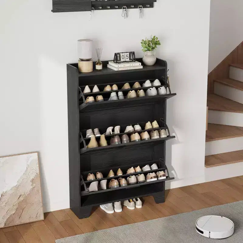 Meuble de rangement avec 3 tiroirs basculants, Organiseur de chaussures autoportant pour entrée avec 2 crochets latéraux, Armoire à chaussures dissimulée étroite et fine