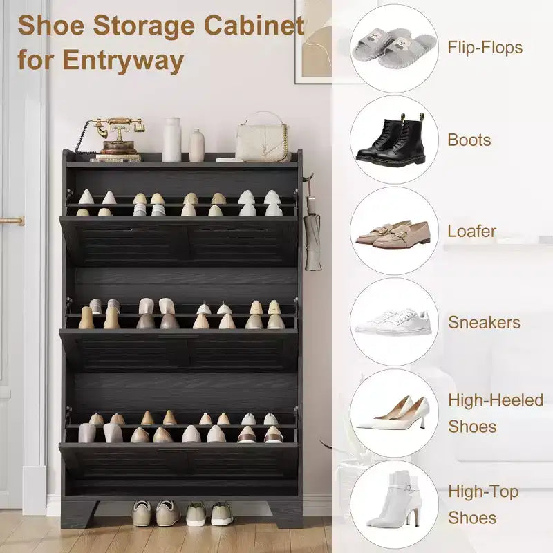 Meuble de rangement avec 3 tiroirs basculants, Organiseur de chaussures autoportant pour entrée avec 2 crochets latéraux, Armoire à chaussures dissimulée étroite et fine