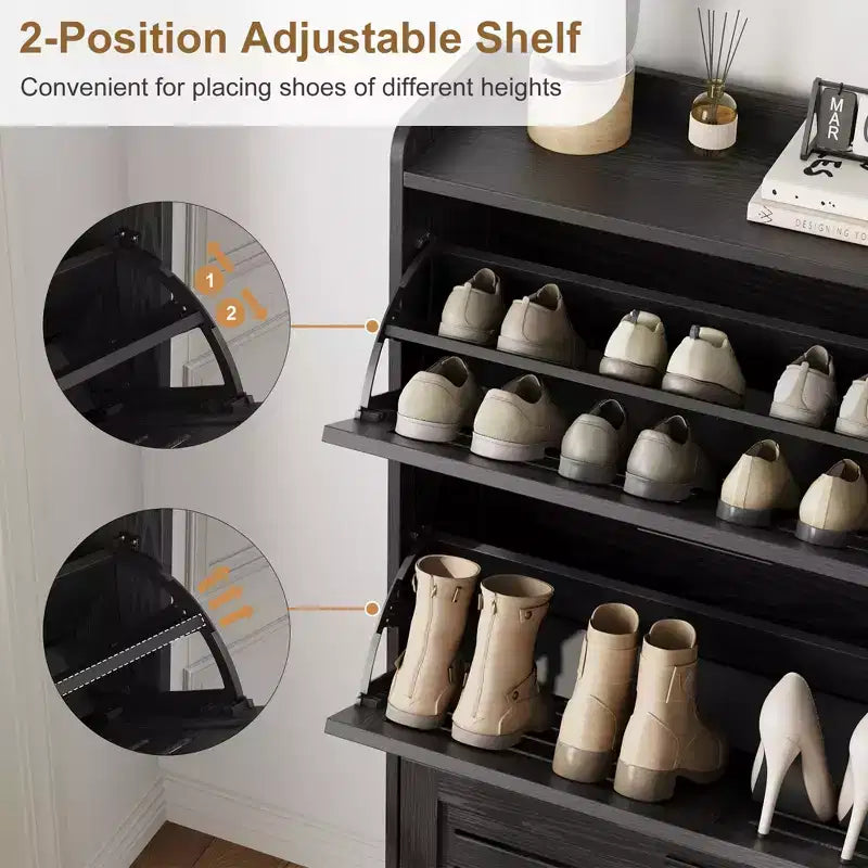 Meuble de rangement avec 3 tiroirs basculants, Organiseur de chaussures autoportant pour entrée avec 2 crochets latéraux, Armoire à chaussures dissimulée étroite et fine