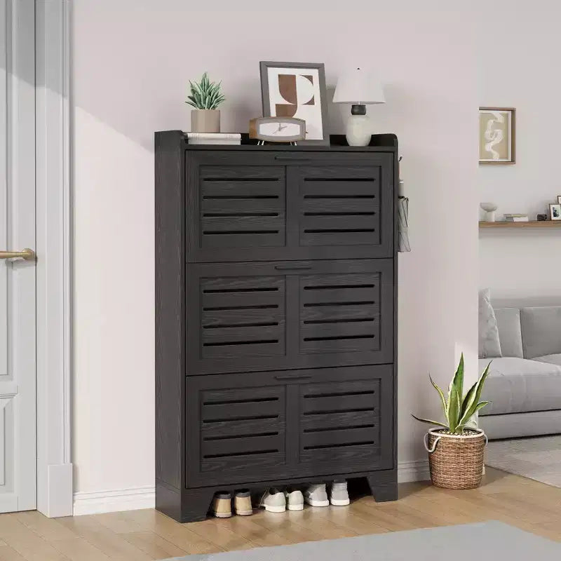 Meuble de rangement avec 3 tiroirs basculants, Organiseur de chaussures autoportant pour entrée avec 2 crochets latéraux, Armoire à chaussures dissimulée étroite et fine