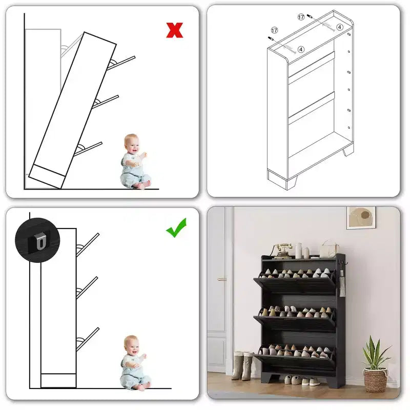 Meuble de rangement avec 3 tiroirs basculants, Organiseur de chaussures autoportant pour entrée avec 2 crochets latéraux, Armoire à chaussures dissimulée étroite et fine