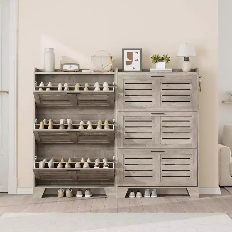 Meuble de rangement avec 3 tiroirs basculants, Organiseur de chaussures autoportant pour entrée avec 2 crochets latéraux, Armoire à chaussures dissimulée étroite et fine