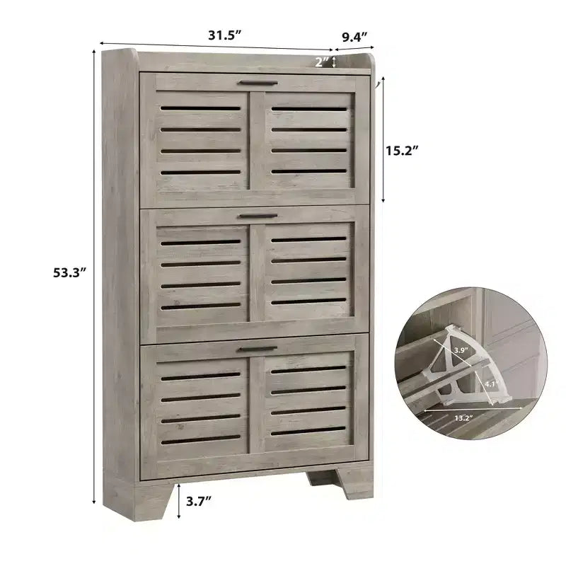 Meuble de rangement avec 3 tiroirs basculants, Organiseur de chaussures autoportant pour entrée avec 2 crochets latéraux, Armoire à chaussures dissimulée étroite et fine