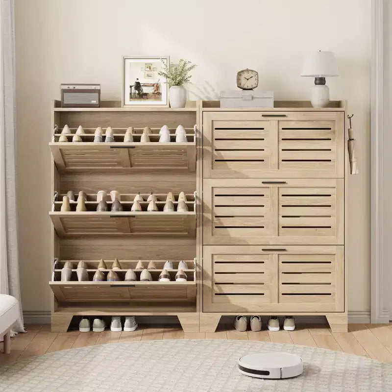Meuble de rangement avec 3 tiroirs basculants, Organiseur de chaussures autoportant pour entrée avec 2 crochets latéraux, Armoire à chaussures dissimulée étroite et fine