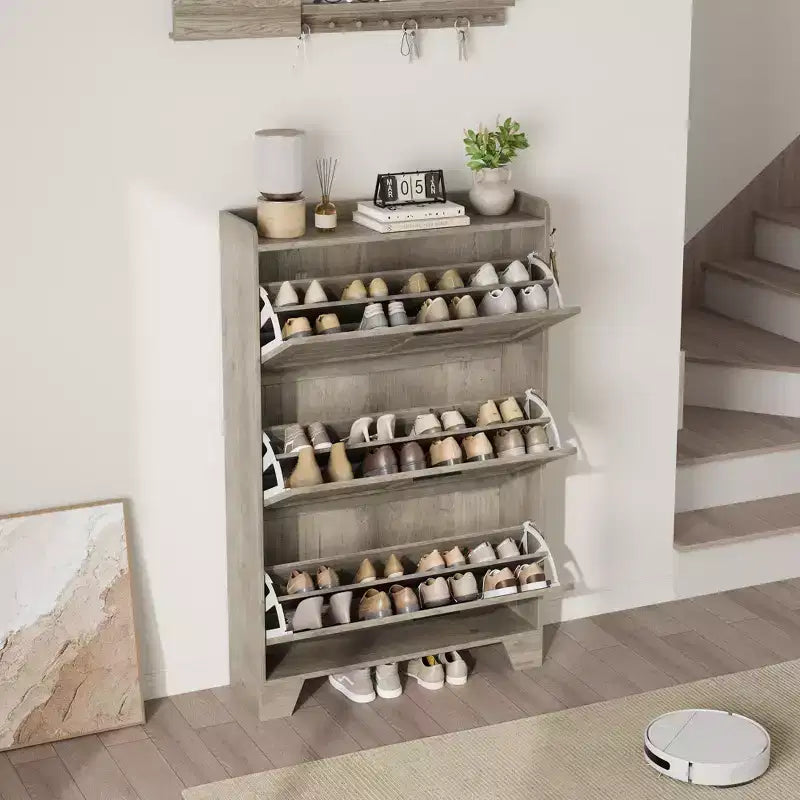 Meuble de rangement avec 3 tiroirs basculants, Organiseur de chaussures autoportant pour entrée avec 2 crochets latéraux, Armoire à chaussures dissimulée étroite et fine