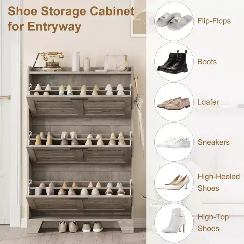 Meuble de rangement avec 3 tiroirs basculants, Organiseur de chaussures autoportant pour entrée avec 2 crochets latéraux, Armoire à chaussures dissimulée étroite et fine