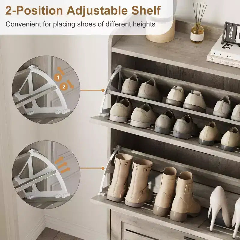 Meuble de rangement avec 3 tiroirs basculants, Organiseur de chaussures autoportant pour entrée avec 2 crochets latéraux, Armoire à chaussures dissimulée étroite et fine